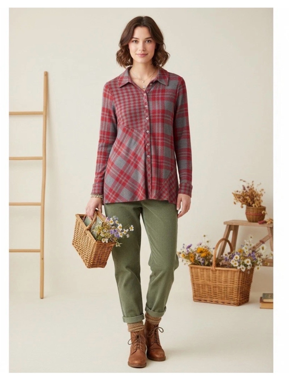 Plaid Button-Up Shirt, shacket, red grey fleece flannel, petite large